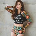 Set: Printed Bikini + Long-sleeve Lettering Swim Top