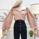 Boatneck Plaid Chiffon Blouse