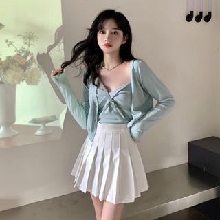 Plain Cardigan / Twisted Camisole Top / Mini Pleated Skirt