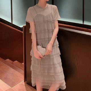 Mock Two-piece Short-sleeve Mesh Paneled Midi Tiered Dress