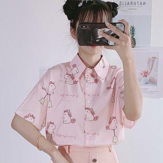 Elbow-sleeve Cartoon Unicorn Printed Chiffon Shirt Unicorns - Light Pink - One Size