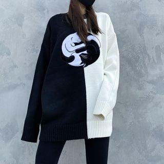 Fox Embroidered Two-tone Sweater Black & White - One Size