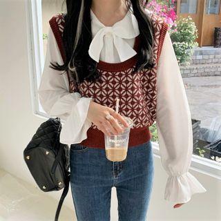 Long-sleeve Tie Neck Blouse / Jacquard Knit Vest