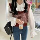 Long-sleeve Tie Neck Blouse / Jacquard Knit Vest