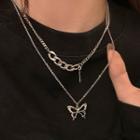 Butterfly Layered Chain Necklace 1 Pc - Necklace - Silver - One Size
