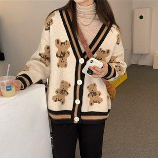 Bear Print Cardigan Milky White - One Size