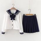 Rabbit Embroidered Sailor Collar Buttoned Jacket