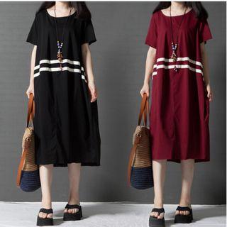 Striped Trim Short-sleeve Midi Dress