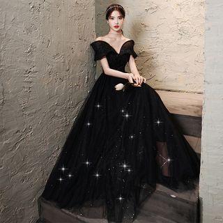 Off Shoulder Glitter A-line Evening Gown