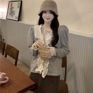 Lace Panel Cardigan Gray - One Size