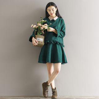 Contrast Collar Ruffled Long-sleeve Dress