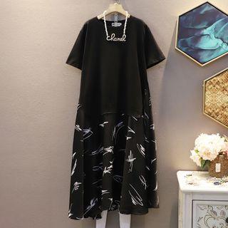 Short-sleeve Printed Panel A-line T-shirt Dress