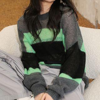 Long-sleeve Color Block Pointelle Knit Top Gray & Light Green & Black - One Size