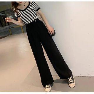 Set: Cold-shoulder Striped T-shirt + Wide Leg Pants