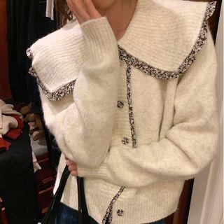 Collared Cardigan Black Trim - White - One Size