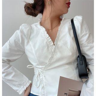 Long-sleeve V-neck Frill Trim Wrap Blouse