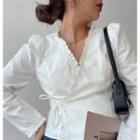 Long-sleeve V-neck Frill Trim Wrap Blouse