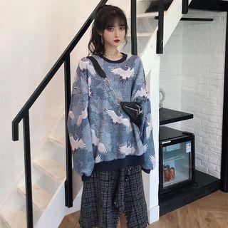 Crane Print Sweatshirt / A-line Midi Skirt