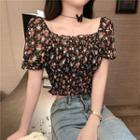 Floral Ruffle Trim Puff-sleeve Cropped Blouse