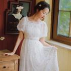 Puff-sleeve Floral Embroidered Mesh Midi A-line Dress