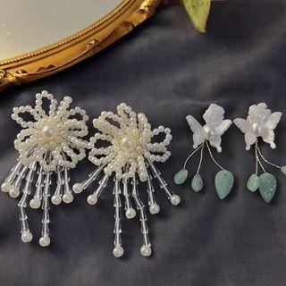 Flower Faux Pearl / Butterfly Fringed Earring