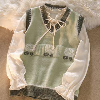 Long-sleeve Bow Blouse / Floral Jacquard Sweater Vest