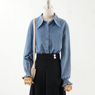 Puff-sleeve Denim Shirt / Midi A-line Skirt
