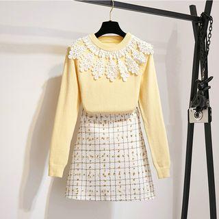 Set: Lace Trim Sweater + A-line Skirt