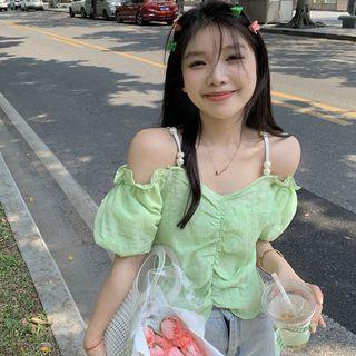 Cold-shoulder Shirred Blouse Green - One Size