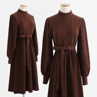 Mock-neck Cable Knit Midi A-line Sweater Dress