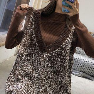 Plain Long-sleeve Loose-fit Top / V-neck Sleeveless Knit Dress