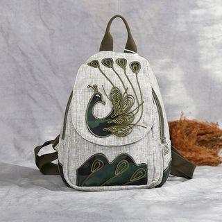 Peacock Applique Cotton Blend Backpack Dark Gray - One Size