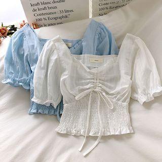Plain Square Neck Smocked Puff-sleeve Blouse