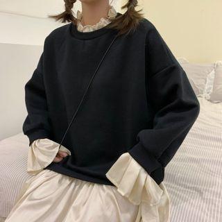 Mock Two-piece Flared-cuff Pullover Dress Black - One Size