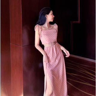 Set: Dotted Tie-shoulder Cropped Top + Midi Straight-fit Skirt