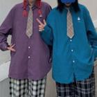 Bear Embroidered Shirt / Plaid Tie / Set