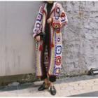 Pattern Long Knit Coat Blue & Red & White - One Size