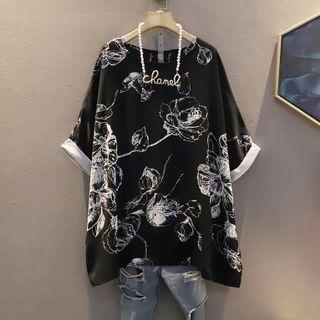 Batwing-sleeve Rolled Flower Print Chiffon Top