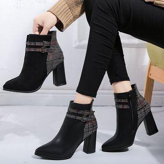 Block-heel Plaid Panel Ankle Boots
