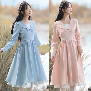Long-sleeve Frill Trim Bow Accent Midi A-line Dress