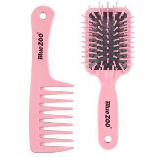 Set : Hair Comb + Hair Brush Set - Blue Zoo - Comb & Brush - Coral Pink - One Size