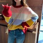 Color-block Long-sleeve Knit Top As Shown In Figure - One Size