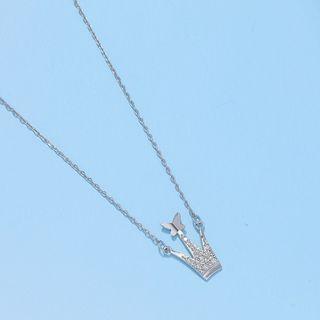 925 Sterling Silver Rhinestone Butterfly & Crown Pendant Necklace As Shown In Figure - One Size