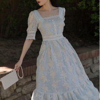 Short-sleeve Square-neck Lace Trim Floral Embroidered Midi Dress