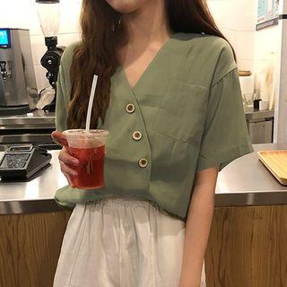 Short-sleeve Asymmetric Buttoned Top / Wide-leg Pants