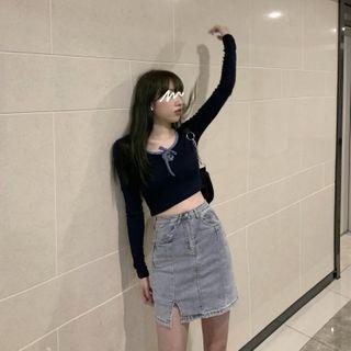 Long-sleeve Tie-neck T-shirt Navy Blue - One Size