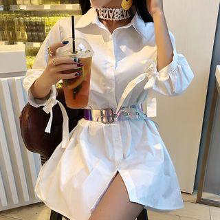 Tie-cuff Plain Shirt With Belt White - One Size