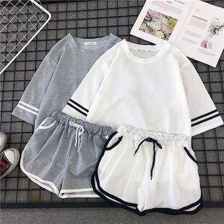Set: Striped Elbow-sleeve T-shirt + Piped Sweat Shorts