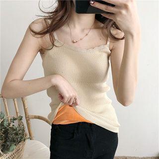 Plain V-neck Lace-trim Fleece Strap Top