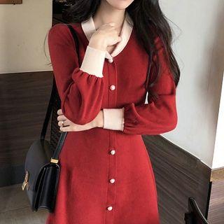Color-block Slim-fit Long-sleeve Knit Dress